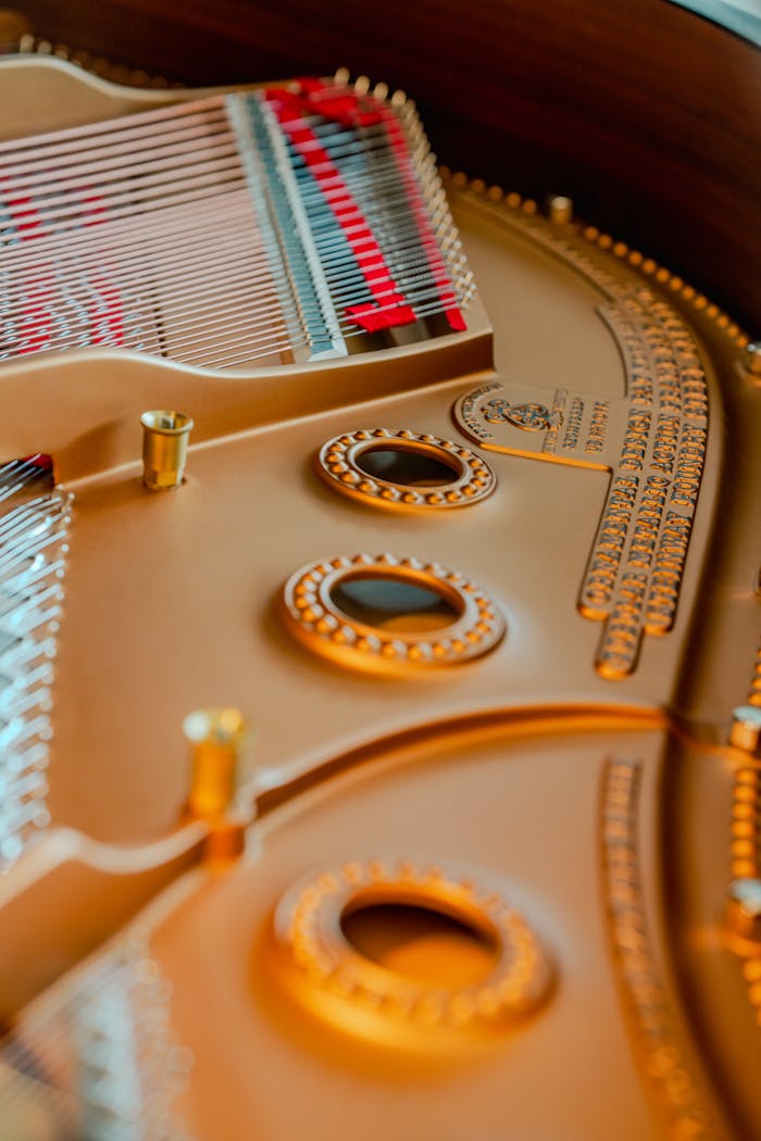 Detailed interior view of a piano showcasing strings and tuning pins, highlighting craftsmanship.