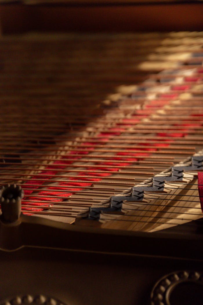 Thick piano strings in wooden piano with black and red strips in light sunny room